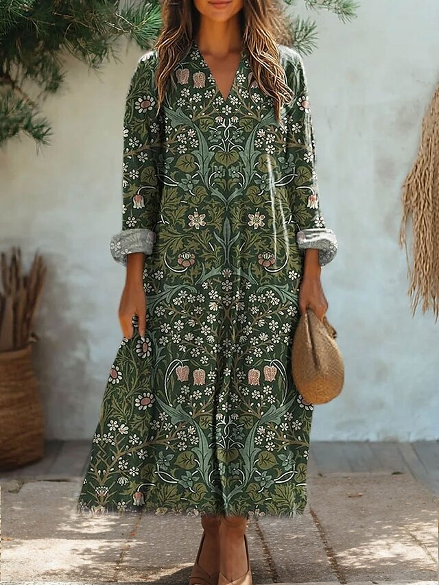  Femmes Robe Midi Robe d'Été Robe trapèze Vacances Occasionnel Sortir Fleuri Graphique manche longue Col en V Noir Blanche Vert Kaki Printemps Automne