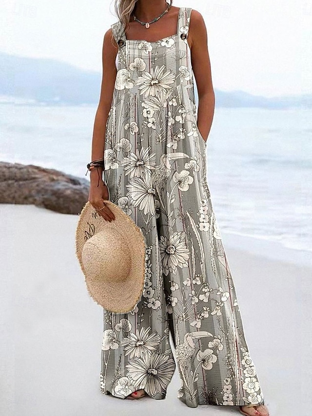  Femmes Salopette Actif Fleuri Sans manches Jambe large Vacances Rue Coupe Ample Jaune Bleu Gris Été