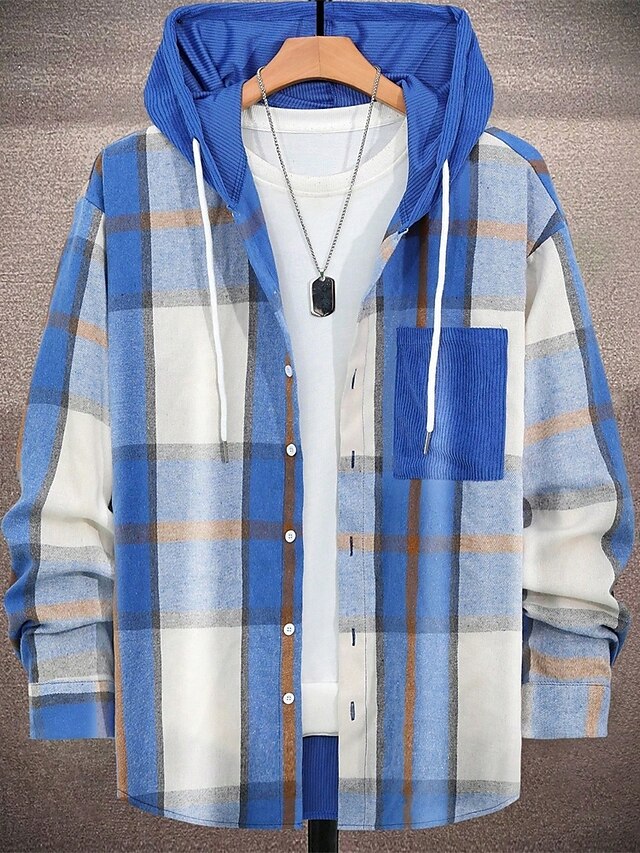  Homens jaqueta leve Jaqueta de Camisa Jaqueta casual Cabana Férias Diário Respirável Bolsos Primavera Outono Xadrez Moda Clássico Com Capuz Padrão Preto Vermelho Azul cáqui Casaco