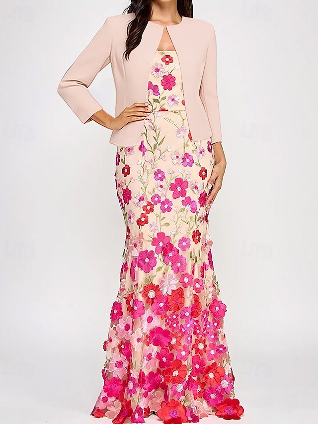  Hot Pink Mermaid / Trumpet Evening Gown Elegant Dress with Stretch Crepe Jacket Semi Formal Wedding Floor Length Sleeveless Strapless Floral Embroidery Lace