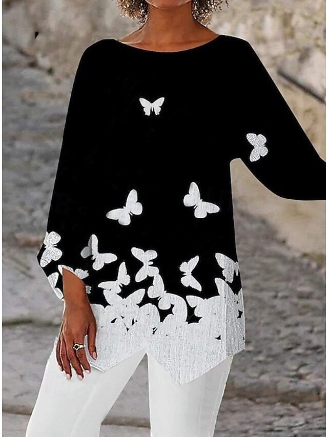 Women's Blouse Butterfly Print Daily Stylish Long Sleeve Crew Neck Regular Tops Daily Holiday Print Asymmetric Hem Silver Black and gray Black Summer Spring4