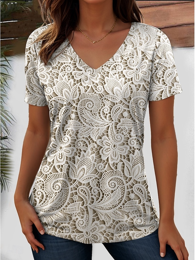  Damen T Shirt Blumen Grafik Pflanzen Vintage Mode Hawaiianisch Kurzarm V Ausschnitt Normale Oberteile Täglich Ausgehen Wochenende Druck Rosa Blau Purpur Grün cremefarben Sommer Frühling