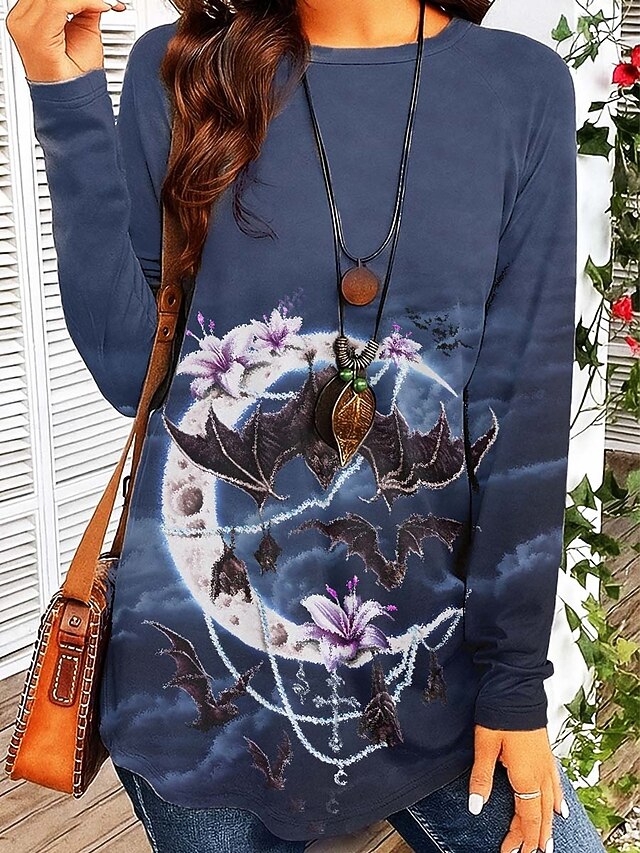 Sarah Richter by Halloween Women's T shirt Bat Tribal Vintage Stylish Trendy Long Sleeve Crew Neck Round Neck Long Tops Daily Going out Print Red Blue Green Fall Winter4