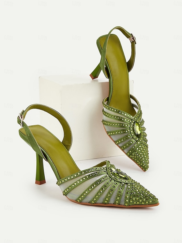  Escarpins à talons hauts en strass verts inspirés de Gatsby des années 1920 pour femmes – Chaussures de soirée à bride arrière en maille Art déco pour cocktails ou événements rétro