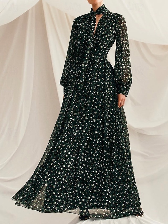  A-Linie Brautmutterkleid Elegant Einfach Minimalistisch V-Ausschnitt mit Schal Bodenlänglich Floralprint Chiffon Langarm mit Falten