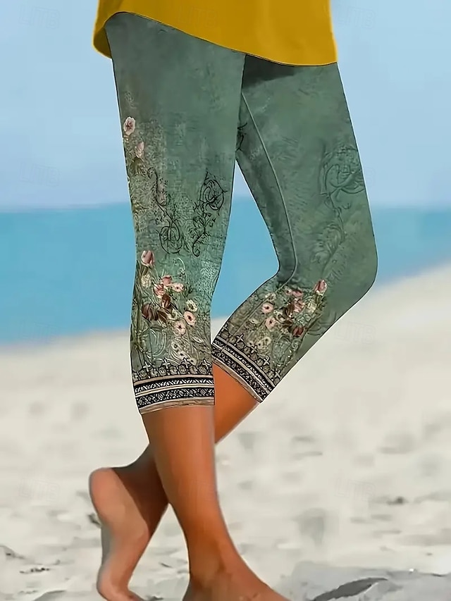  Mulheres Leggings Férias Vintage Estilo Étnico Comprimento da panturrilha Cintura Alta Floral Gráfico Respirável Secagem Rápida Macio Com Stretch Ao ar livre Férias Casual Verde Verão Primavera Fino