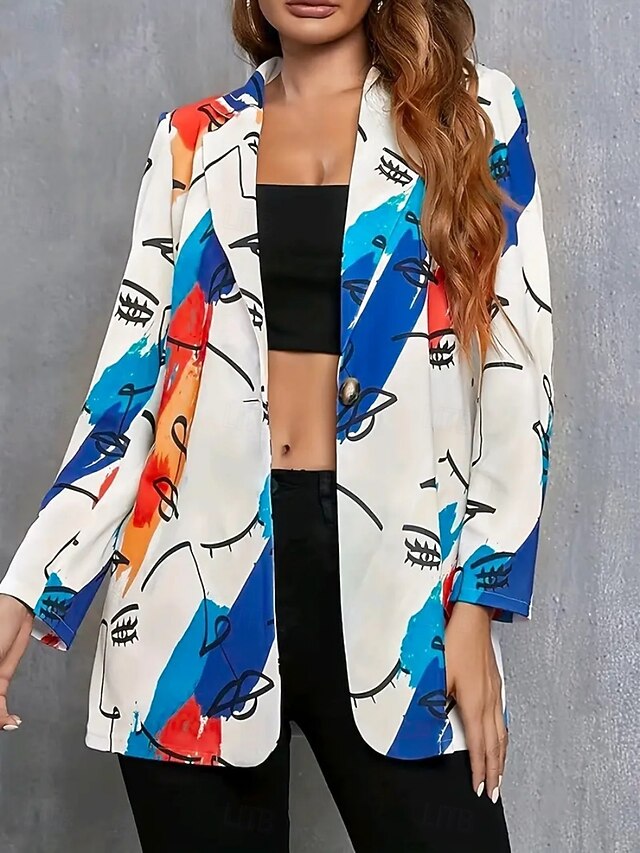 Women's Blazer Comfortable Breathable Print Casual Geometric Office Street Casual Daily Wear Single Breasted Long Turndown Regular Fit Long Sleeve Outerwear Black White Yellow Summer Fall4