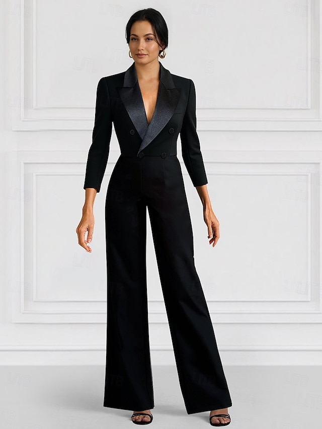  Zwarte Blazer Jumpsuit Moeder van de Bruid Bruiloft Gast Elegante Minimalistische Revers Vloerlengte Rekbare Stof Lange Mouwen met Knopen Effen Kleur