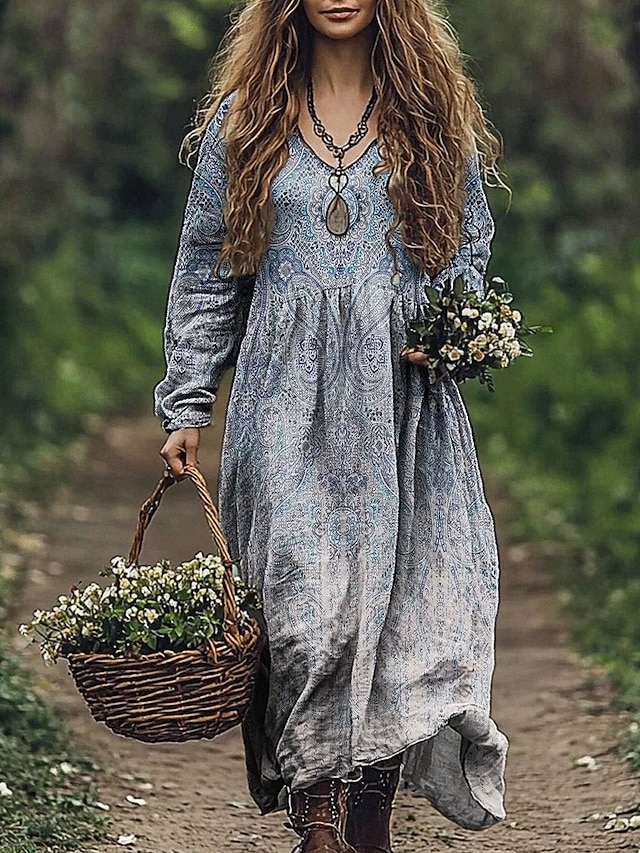  Damskie Sukienka maxi Sukienka letnia Plisowana sukienka Urlop Codzienny Boho Wyjściowe Plaża Luźny / a Kwiaty Graficzny W Tureckie Wzory Długi rękaw W serek Niebieski Pomarańczowy Beżowy Szary Lato