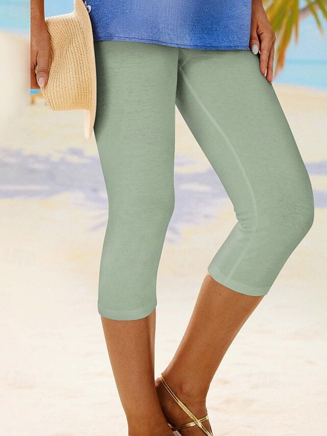 Women's Capri Pants Leggings Cozy Leggings Streetwear Casual Full Length High Waist Plain Elastic Waist Breathability Stretchy Vacation Street Daily Wear White Blue Green Summer Regular Fit4