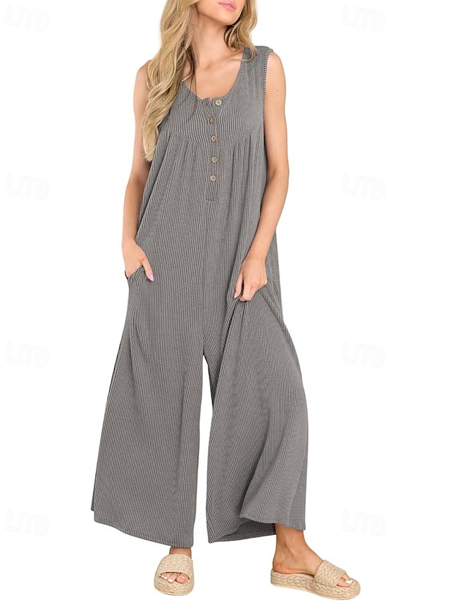  Női Szabályos Jumpsuitek Utcai sikk Tömör szín Ujjatlan U-alakú Gombok Zseb Utca Napi Normál Fekete Sötétkék Medence Nyár