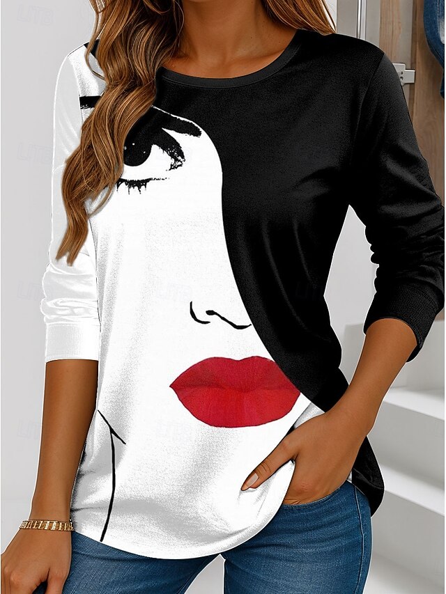 Women's T shirt Long Sleeve Crew Neck Long Sleeve Tunic Graphic Abstract Vintage Stylish Classic Regular Tops Daily Weekend Print White  Prefall3