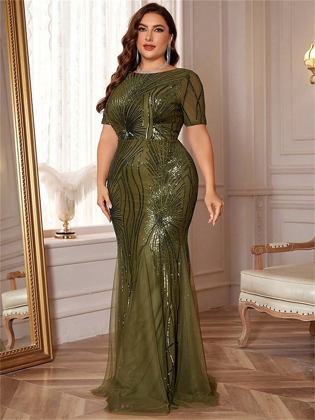  Robes taille plus élégantes sirène  trompette robe courbée formelle pour mariage longueur sol manches courtes col rond polyester avec sequins