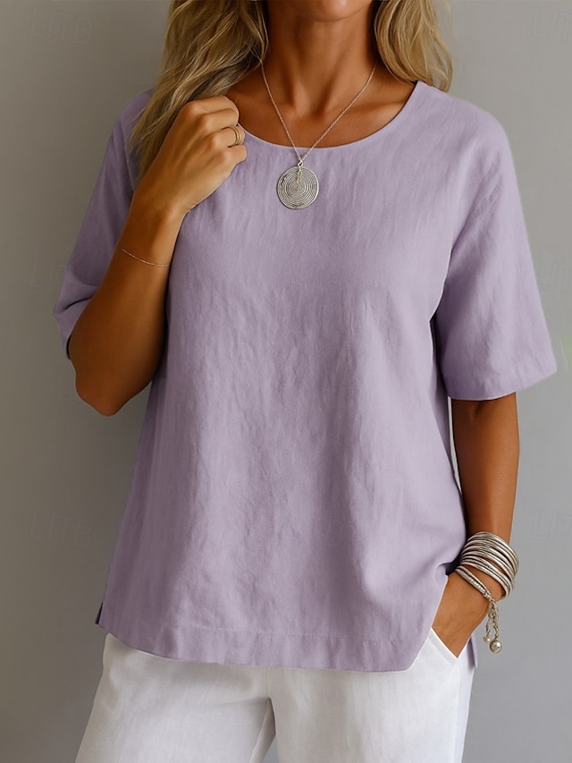  Femmes Chemise Haut en Coton Blanc Couleur Unie Élégant ancien Basique Manche Courte Col ras du cou Hauts Réguliers Quotidien Sortir Week-end Blanche Jaune Rose Claire Violet Vert Été Printemps