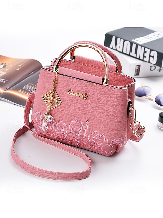  Women's Embroidered Rose Tote Bag with Gold Top Handle and Shoulder Strap - Elegant Faux Leather Crossbody Bag for Commuter, Leisure and Weekend Outings