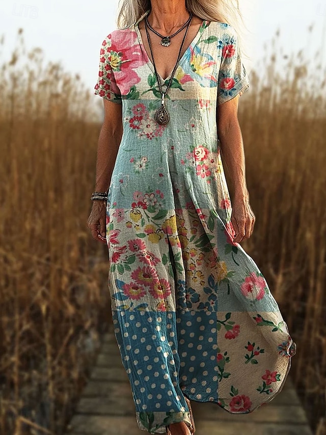  Women's Maxi Dress Sundress A Line Dress Vacation Casual Boho Going out Regular Fit Floral Graphic Paisley Short Sleeve V Neck Pink Blue Green Dark Blue Summer Spring
