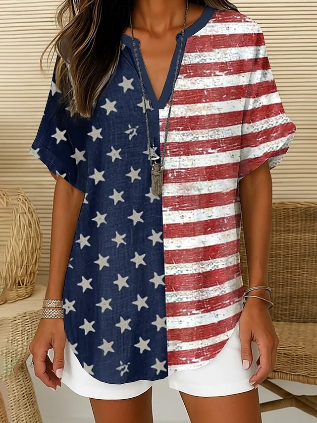  Kvinnepatriotisk Bluse Ombre Grafisk flagg Elegant Vintage Tropisk kortermet V-hals hakket hals vanlige topper daglig ferie hvit rød marineblå himmelblå
