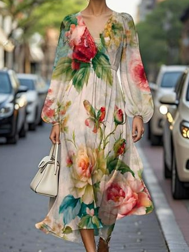  Dam Midiklänning Vardagsklänning Klänning med tryck Elegant Mode Utomhus Fest Helgdag Normal Blomma Långärmad V-hals Grön Sommar Vår
