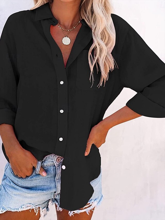Women's Shirt Button Down Blouse Plain Stylish Casual Long Sleeve Shirt Button Down Blouse Collar Regular Tops Daily Buttons Black White Pink Gray Summer Spring3