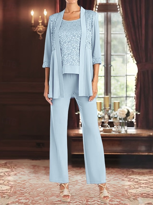  Overall / Hosenanzug Dreiteilig Hosenanzug Brautmutterkleid Elegant Vintage Einfach U-Boot-Ausschnitt Knöchellänge Stretch Chiffon Halbarm mit Spitze Paillette Stickerei 2025