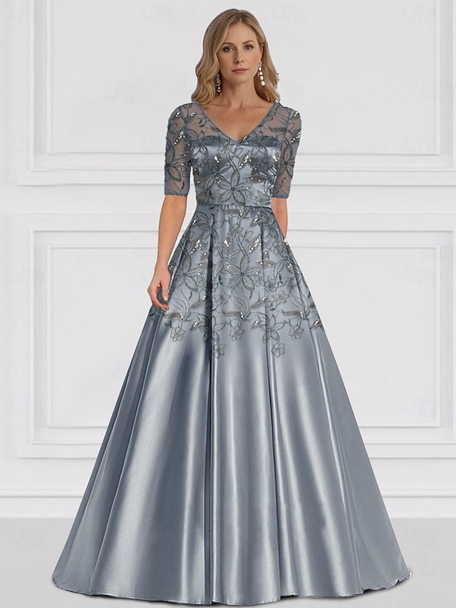  Rochie A-Line pentru Mama Miresei Invitată la Nuntă Elegantă Simplă Cu Decolteu În V Lungime Până La Podea Satine Mâneci Pe Jumătate cu Dantelă