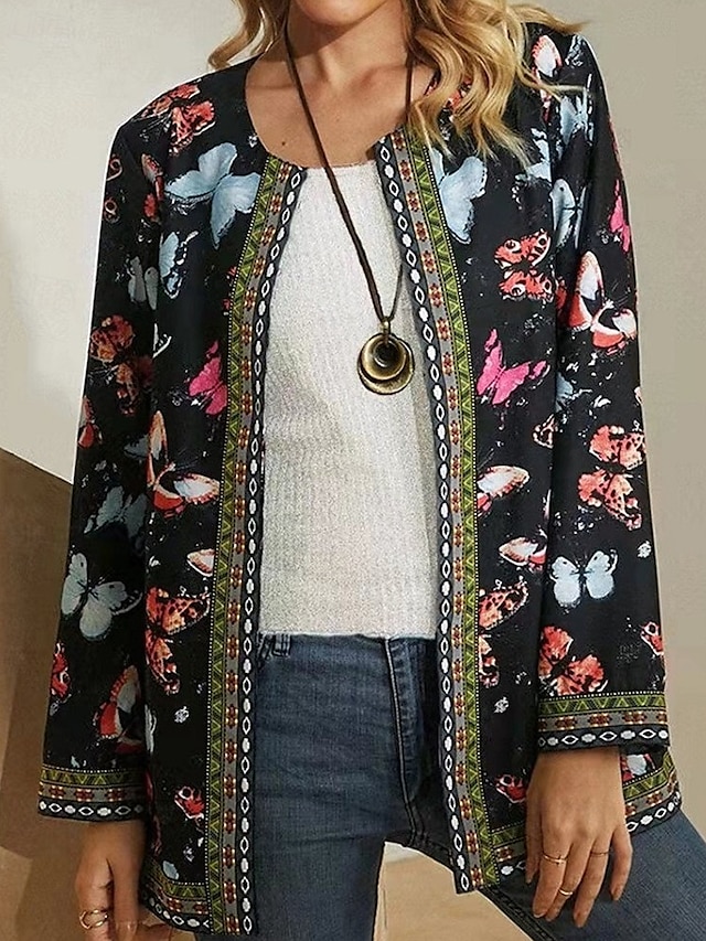 Femmes Veste Décontractée Chaud Confortable Avec Poches Mode Moderne Fleuri Rue Sortir Régulier Sans Col Coupe régulière manche longue Vêtements d'extérieur Noir Rose Claire Violet Automne Hiver