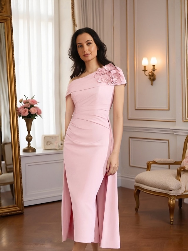  Robe fourreau  colonne robe mère de la mariée robe formelle élégante vintage épaule unique longueur thé tissu extensible manches courtes avec appliques plissées robe de derby robe de jour de course