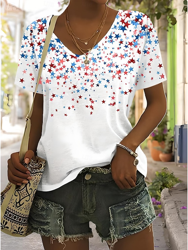  Maglietta Patriottica da Donna Grafica Piante Bandiera Americana Vintage Elegante Classica Maniche Corte Collo a V Regolare Top Giornaliero Weekend Stampa Nera Bianca Estate Primavera
