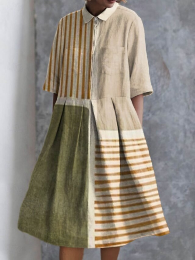  Pentru femei Rochii Midi Rochie A line Rochie de vară Casual Zilnic Fit regulat Geometric Dungi Manșon Jumate Rever Roșu-aprins Albastru piscină Albastru celest Caisă Vară