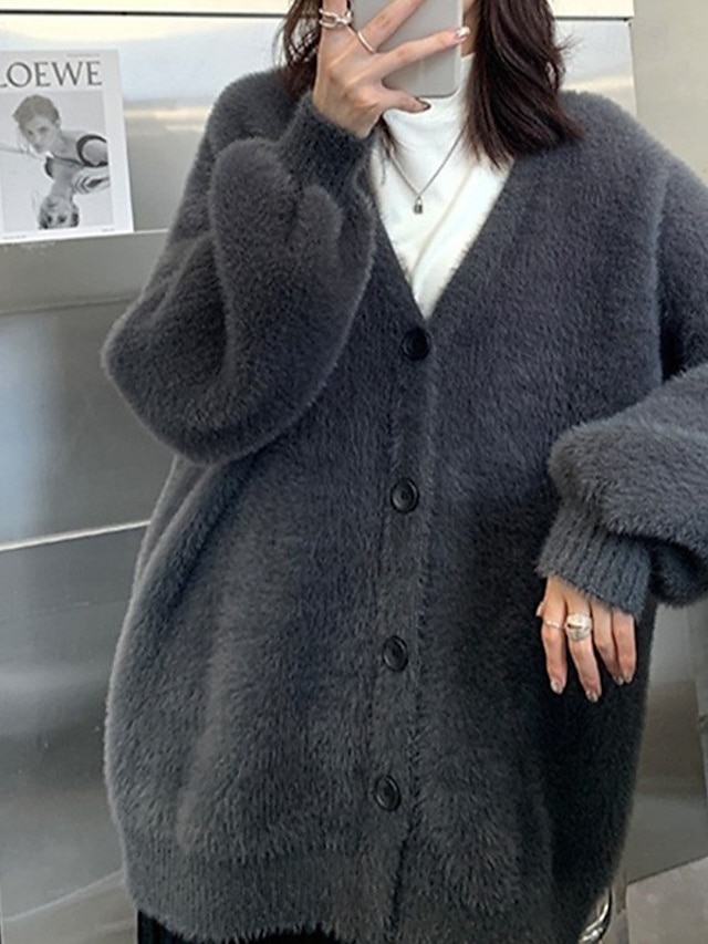  Femmes Pull Cardigan Mode Couleur Unie Côtelé Col en V Tricoté manche longue Hauts Réguliers Tricoter Fête Sortir Week-end Noir Gris foncé Hiver