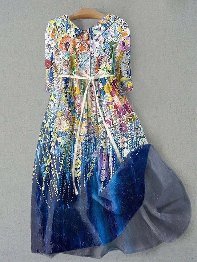 Women's Midi Dress Shift Dress Casual Daily Regular Fit Floral Graphic Half Sleeve Lapel Deep Green Blue Green Summer Spring4