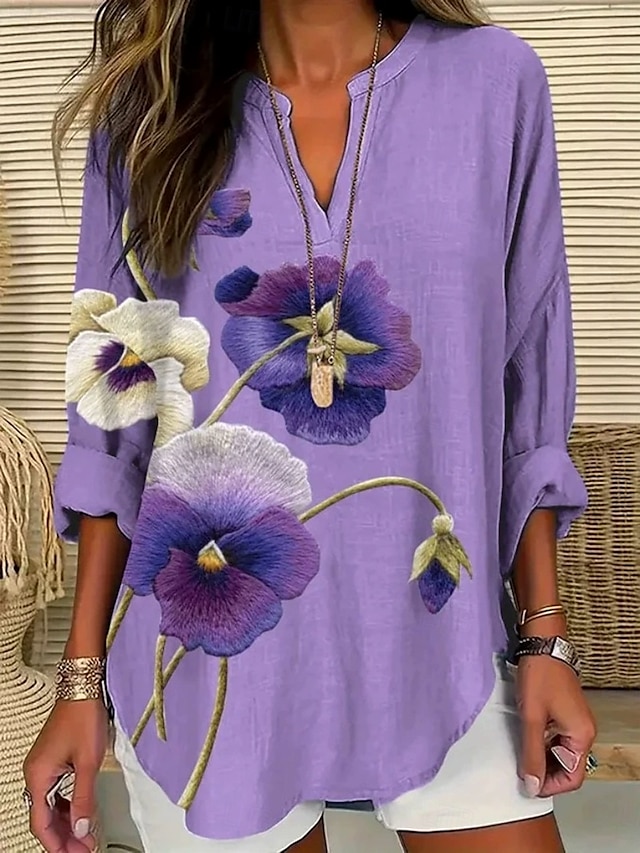  Damen Bluse Langarm Tuniken Floral Grafik 3D Bohemia Vintage Tropical V-Ausschnitt Reguläre Tops Tagesurlaub Strandmode Druck Weiß Gelb Rot Violett Sommer Frühling