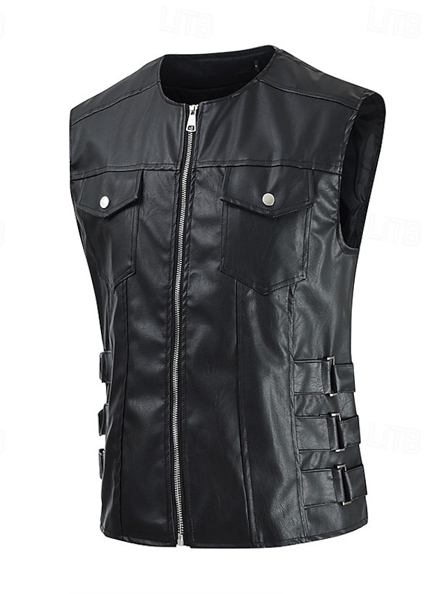  Men's Vest Gilet Faux Leather Vest Outdoor Daily Fashion Casual Spring Fall Zip Up Pocket PU Leather Comfortable Plain Zipper Crew Neck Regular Fit Black Brown Vest