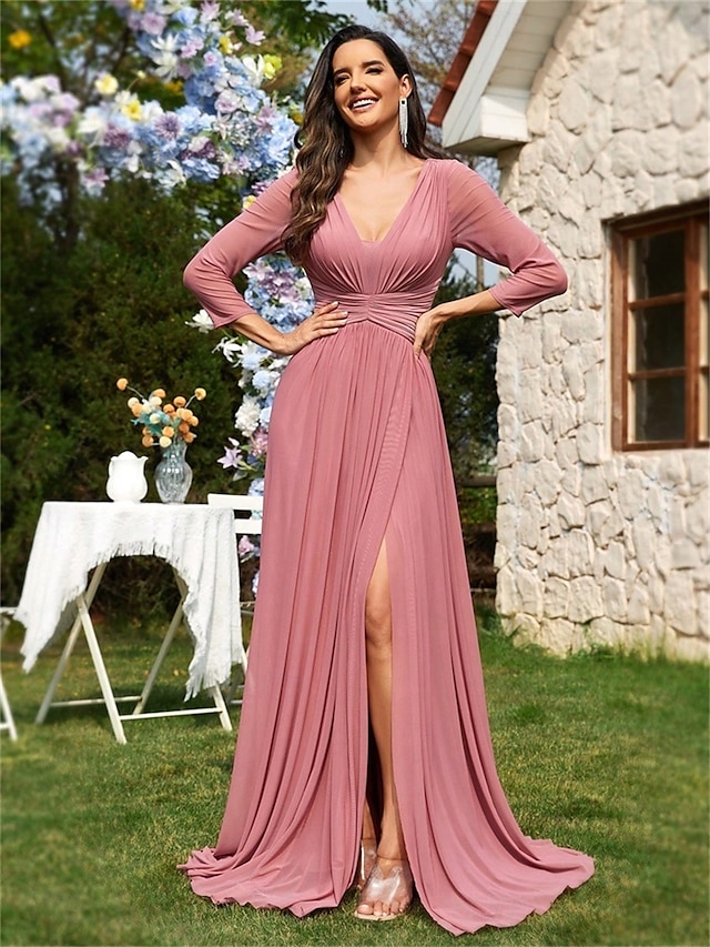 A-Linie Quinceanera-Kleider Elegant Kleid Formell Hochzeit Bodenlang Langarm V Ausschnitt Chiffon Ladderback-Rückenausschnitt mit Falten 2025