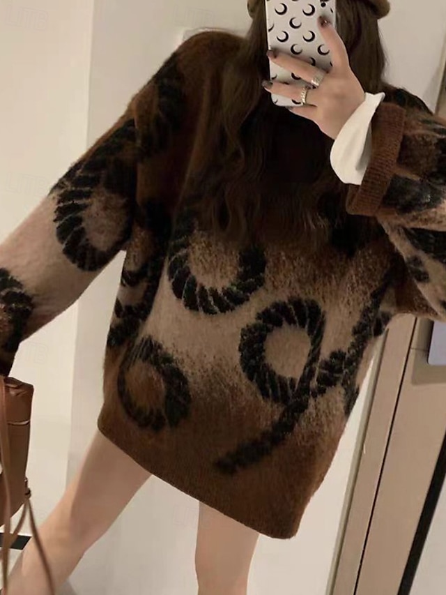  Women's Sweater Pullover Fashion Tie Dye Ribbed Crew Neck Knitted Long Sleeve Regular Tops Knit Holiday Going out Weekend Purple Coffee Fall