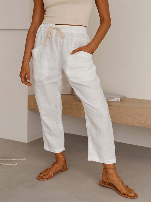  Per donna Pantaloni in cotone e lino Pantaloni Eleganti Streetwear Casual Lunghezza intera Naturale Semplice Tasca Design con Coulisse Elastica Comodo All'aperto Confortevole Ferie Abbigliamento
