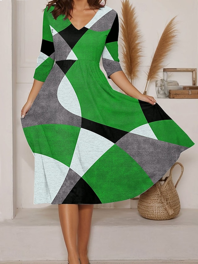  Femmes Robe Midi Robe trapèze Vacances Occasionnel Sortir Coupe régulière Graphique Géométrique manche longue Col en V Rouge Bleu Violet Vert Été