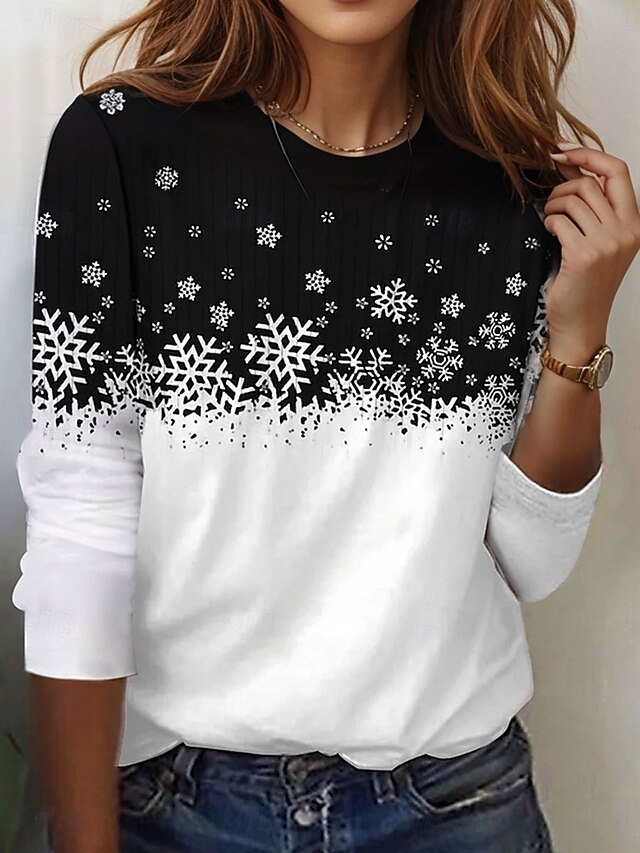 Women's T shirt Crew Neck Long Sleeve Tunic Modern Casual Snowflake Regular Tops  Print Regular Fit Daily Weekend White Fall Winter3