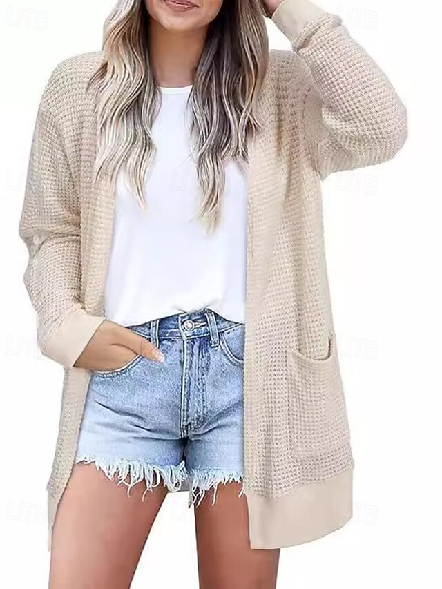 Women's Cardigan Fashion Solid Color Ribbed V Neck Pocket Knitted Long Sleeve Regular Tops Knit Holiday Going out Weekend Black Light Grey Fall Winter4