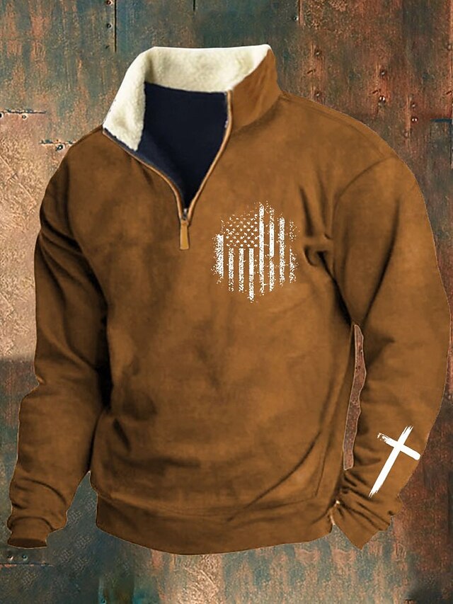 Men's Sweatshirt Quarter Zip Sweatshirt Navy Blue Brown Brown 2 Half Zip Color Block Cross American Flag Half Zip Print Sports & Outdoor Daily Holiday Polyester Vintage Streetwear Casual Fall & Winter4