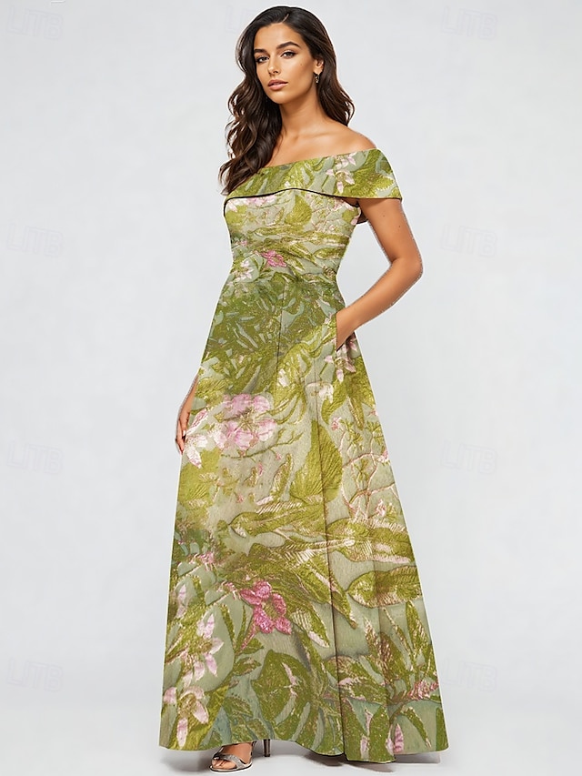  Grønn Jacquard Brocade Blomster A-linje Kveldsdrakt Elegant Kjole Formell Bryllup Gulvlengde Korte Ermer Avskjær Nylon med Lomme