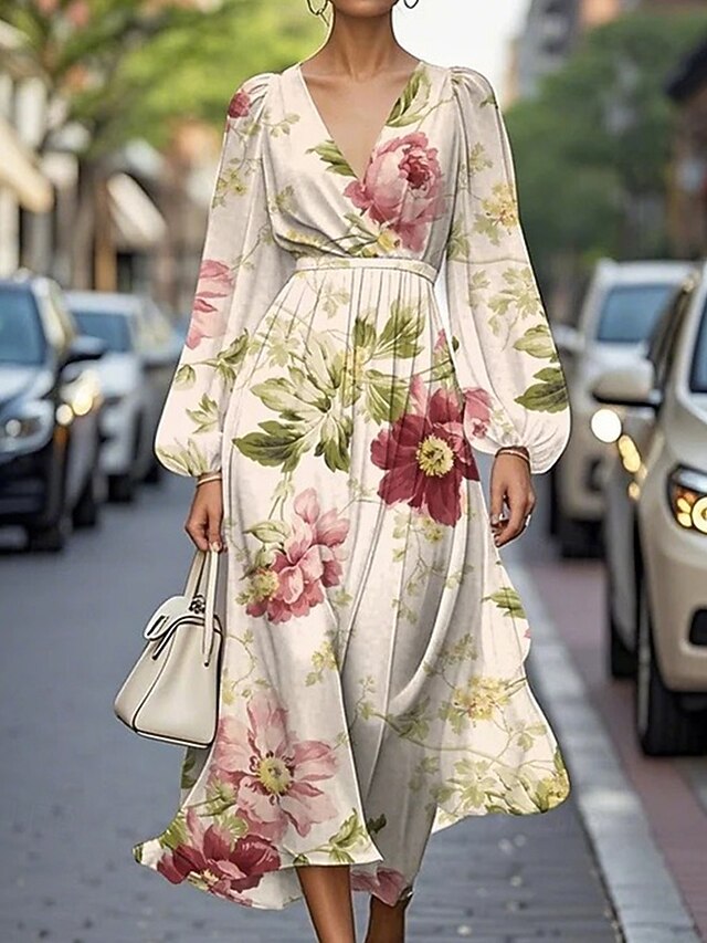 Women's Midi Dress Casual Dress Print Dress Elegant Fashion Outdoor Party Holiday Regular Fit Flower Long Sleeve V Neck White Pink Beige Summer Spring4