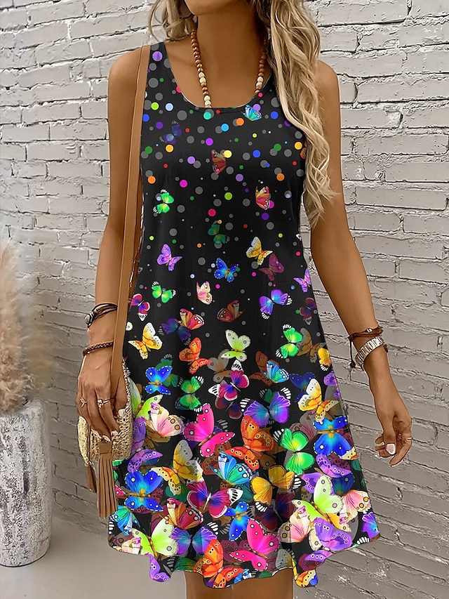 Pentru femei Rochie Mini Rochie casual Rochie de Vară Rochie A line Rochie cu umeri Vacanță Casual Concediu Plajă Fit regulat Ombre Grafic Fluture Fără manșon Stil Nautic Scoateți gâtul Colourful