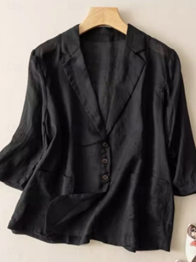  Femmes Blazer Confortable Respirant Avec Poches Occasionnel Uni Bureau Rue Occasionnel Tenue quotidienne Simple Boutonnage Régulier Col Rabattu Coupe Ample Manche 3/4 Vêtements d'extérieur Noir