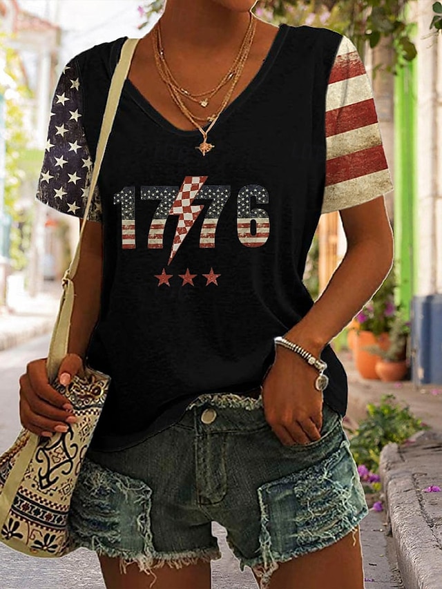 Women's Patriotic  T Shirt Graphic Flag Stylish Casual Short Sleeve V Neck Regular Tops Daily Print Black White Blue Green Summer