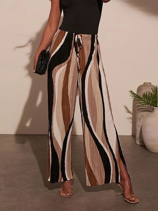  Damen Weites Bein Stoffhosen Streetwear Lässig Volle Länge Natürliche Taille Geometrie Elastisches Kordelzugdesign Bequem Außenbereich Urlaub Ausgehen Braun Herbst Normale Passform