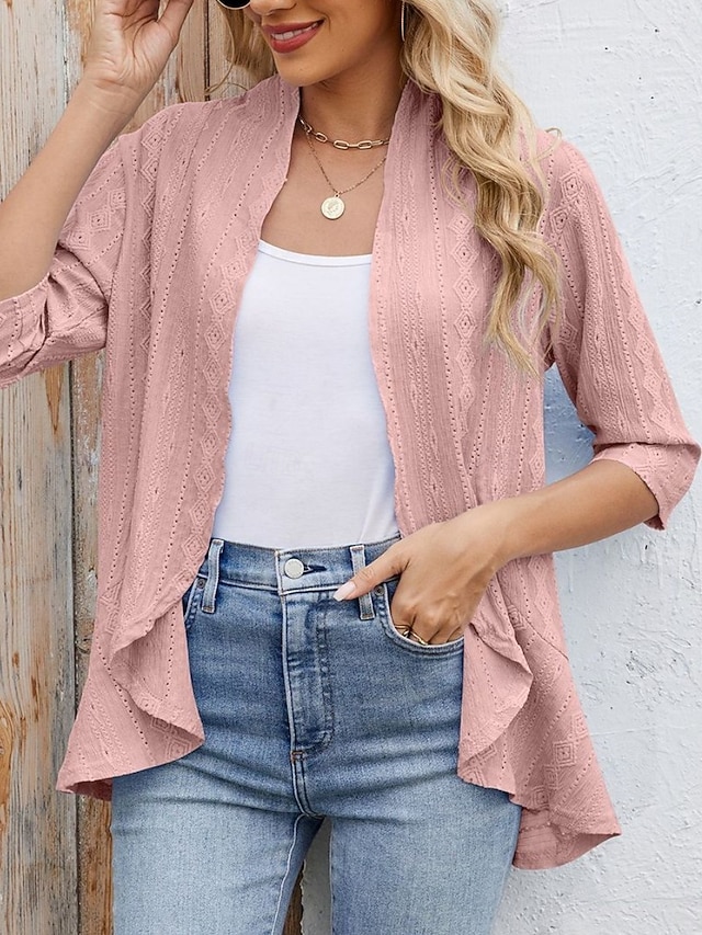  Femmes Veste Décontractée Respirant Confortable A Volants Occasionnel Uni Vacances Rue Occasionnel Tenue quotidienne Ouvert devant Régulier Sans Col Coupe régulière Manche 3/4 Vêtements d'extérieur