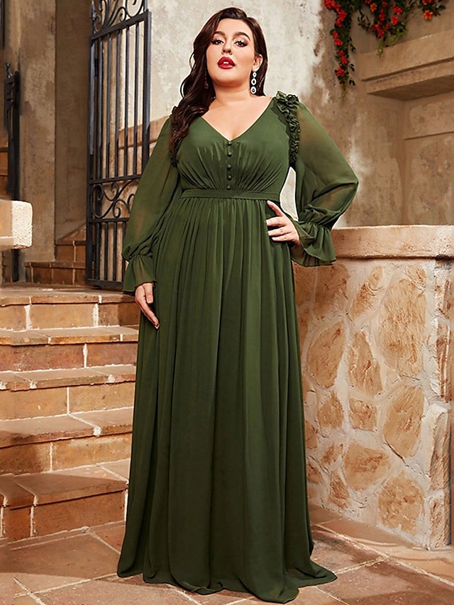  A-Linie Abendkleid Elegantes Kleid Formelles Hochzeitsbodenlänges Lange Ärmel V-Ausschnitt Chiffon V-Rücken mit Falten