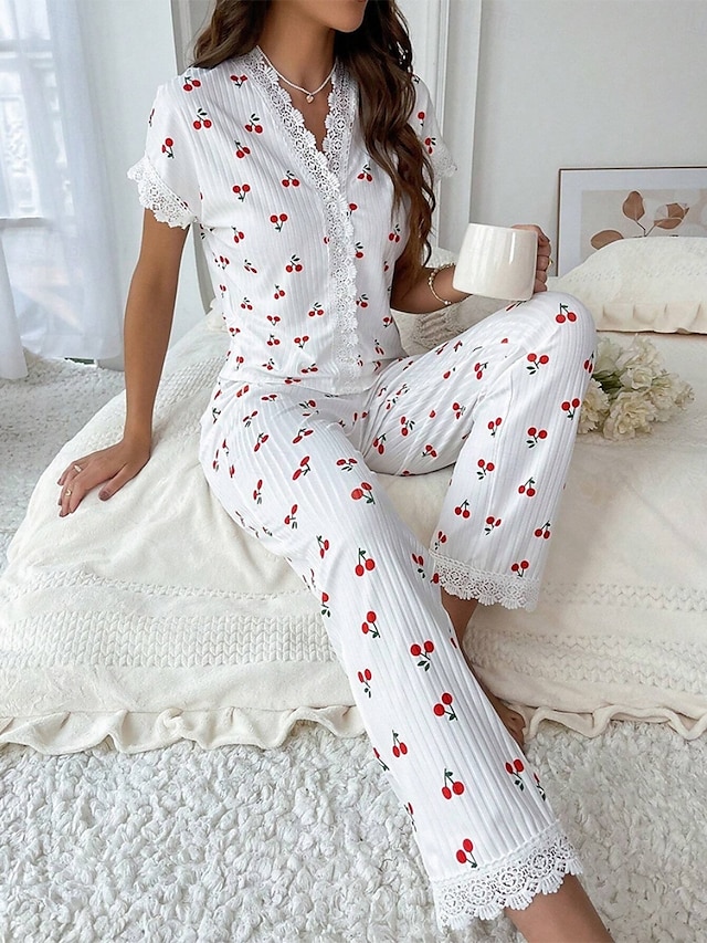  Dam Pyjamas set Ledigt Komfort Körsbär Elastisk midja Skjorta Byxa Hem Dagligen Kortärmad V-hals Vit Sommar Vår Höst Normal