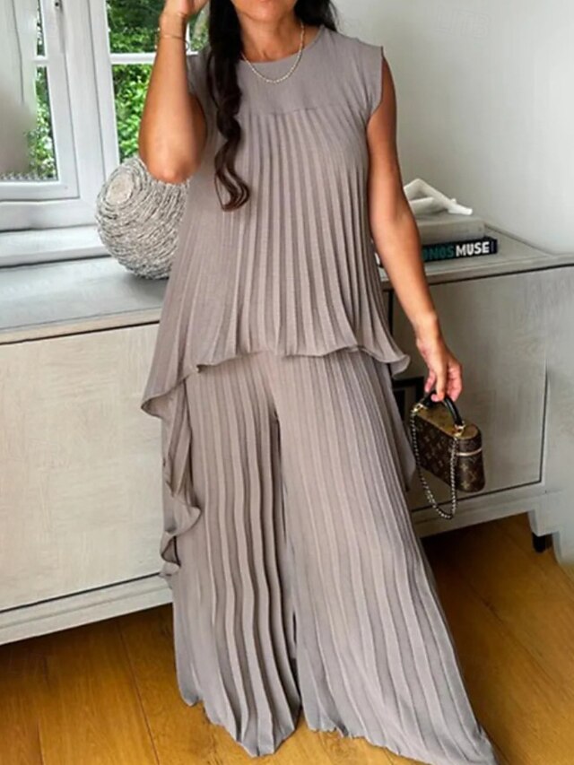 Women's Active Blouse Pants Sets Sleeveless Crew Neck Solid Color Ruched Holiday Daily Wear White Blue Brown Summer Regular Fit4